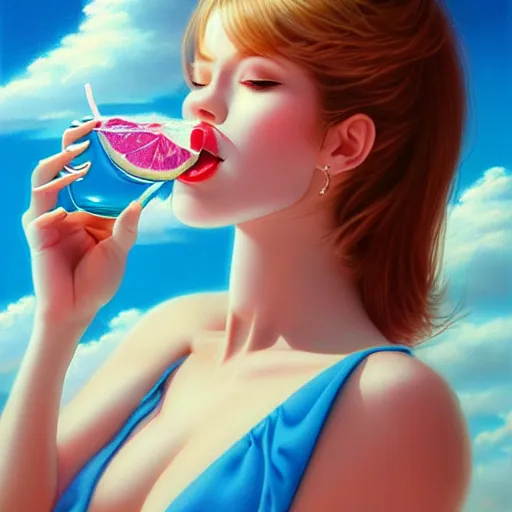 Prompt: a cute girl eating icecreen, long drinks by laura rigo, clouds, blue sky art by peter lloyd, 1 9 8 0's art, airbrush style, art by hajime sorayama,, intricate, elegant, sharp focus, illustration, highly detailed, concept art, matte, sharp focus, illustration, highly detailed, 6 4 0