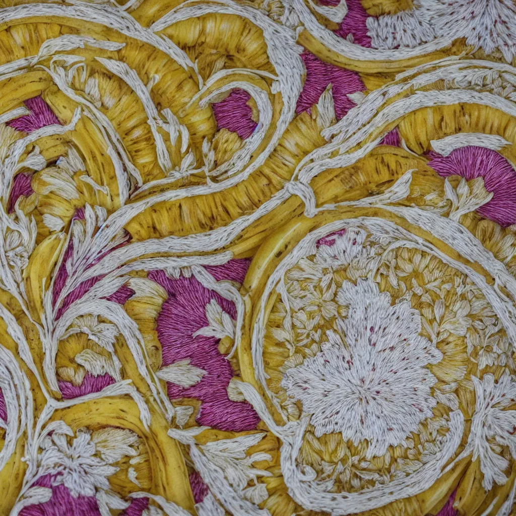 Image similar to fractal bananas, inside art nouveau embroidered plate with petal shape. closeup, hyper real, food photography, high quality