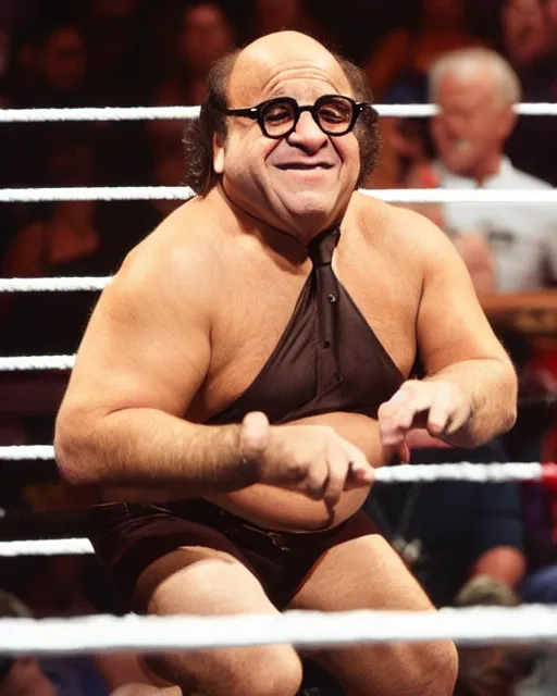 Prompt: danny devito as a wwe wrestler. photographic, photography