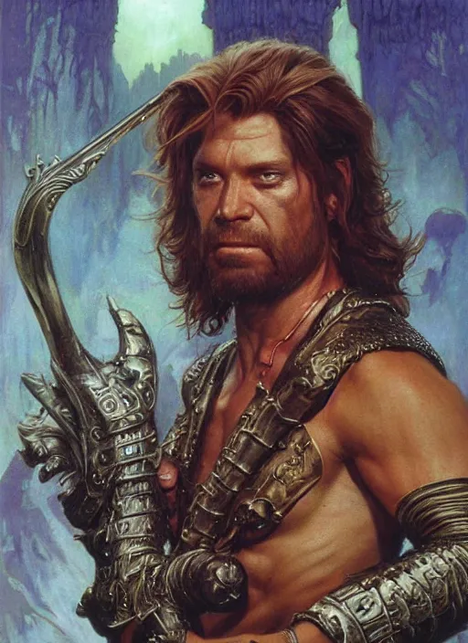 Prompt: a hyperrealistic and detailed paintbrush portrait of a male fantasy character, art by donato giancola and bayard wu and gustav moreau and wayne barlowe, rpg portrait, conan, krull, 8 0's fantasy movies