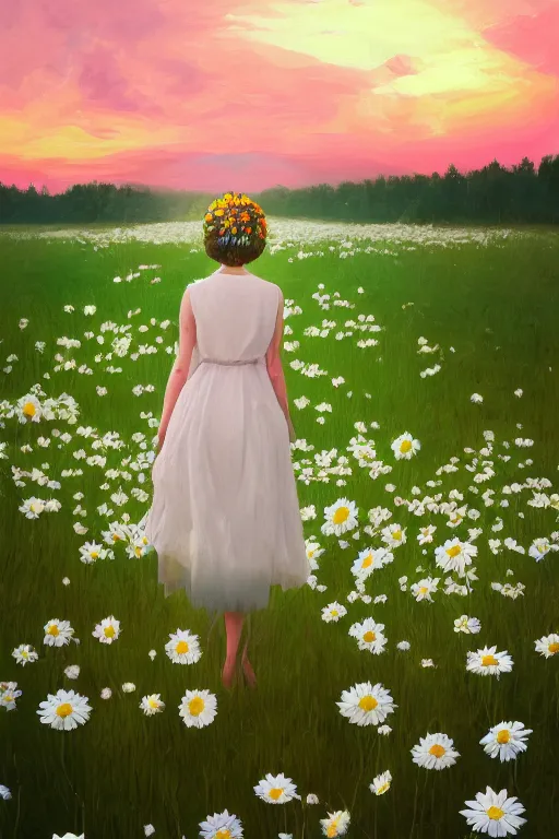 Image similar to giant white daisy flower crown as head veil, girl walking in a flower field, surreal photography, sunrise, dramatic light, impressionist painting, colorful clouds, digital painting, artstation, simon stalenhag