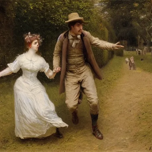 Image similar to young victorian man and woman traversing a maze, painted by alfred stevens