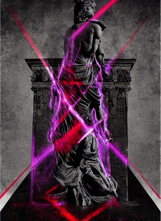 Image similar to elegant dark design poster showing a large greco roman statue of zeus, black background with very subtle red and purple design elements, bold, powerful, nekro, vito acconci, thin straight purple lines, dark, glitch art, neo vaporwave, gritty, layout frame, square, trending on artstation