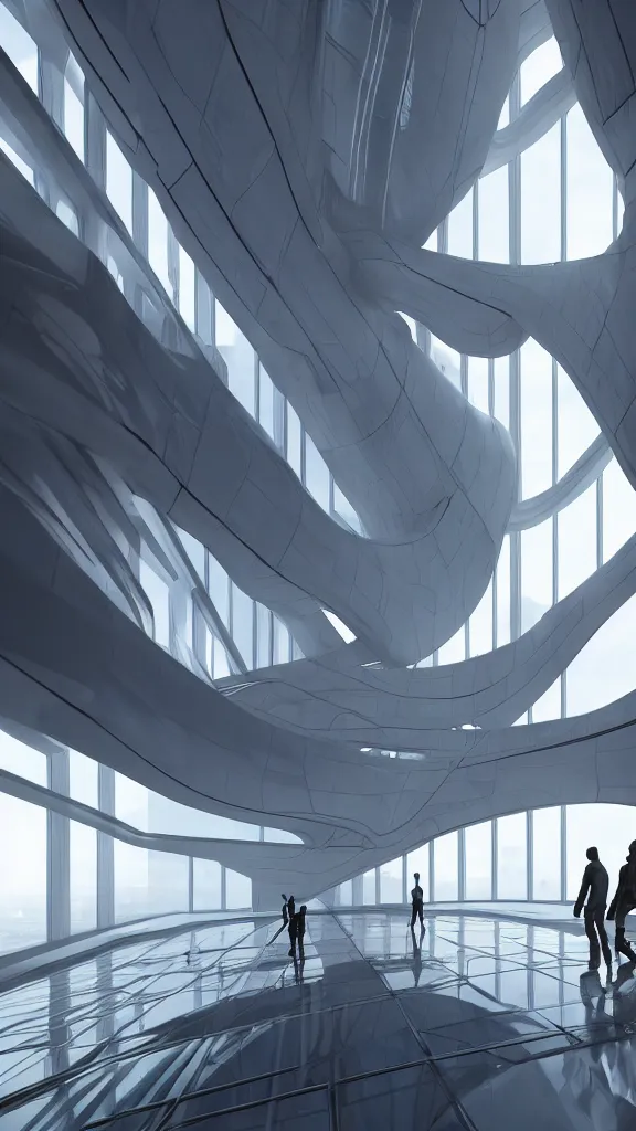 Image similar to the inside of a very tall building, big pods, big windows, octane render, warm colour scheme, white, cyberpunk architecture by zaha hadid, cinematic, scenery, unreal engine, render, cgsociety, modernism, futuristic, artstation, sci - fi, high detail, high quality, close up angle, people walking