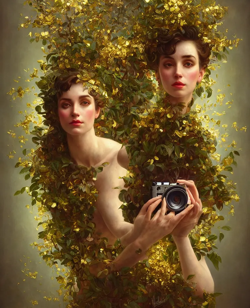 Image similar to hyper realistic photographer looking through a vintage medium format camera, magic pouring from lens, full body pose, design on white background, beautiful details, lush foliage cyberpunk, gold, drawn by john singer sargent, tom bagshaw, norman rockwell, alphonso mucha, lolish, trending on artstation