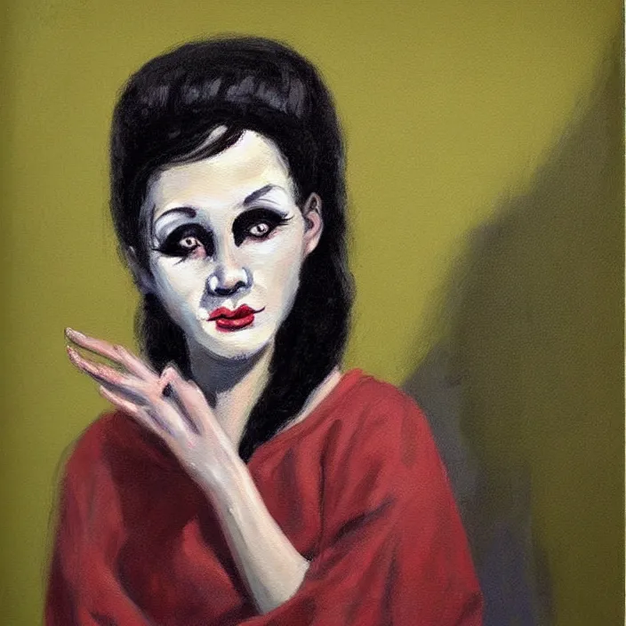 Image similar to nice quality and nice everything painting of a nice portrait of a yé-yé chanteuse with nice facial features, thick eyebrows, dark shadows under eyes, bright eyes, sweater and shorts, at the psych ward laughing at the viewer, stylistically like old French youth horror movies from the 1960s, softly shadowed, enjoyable, with quality provio, student art project 1986.