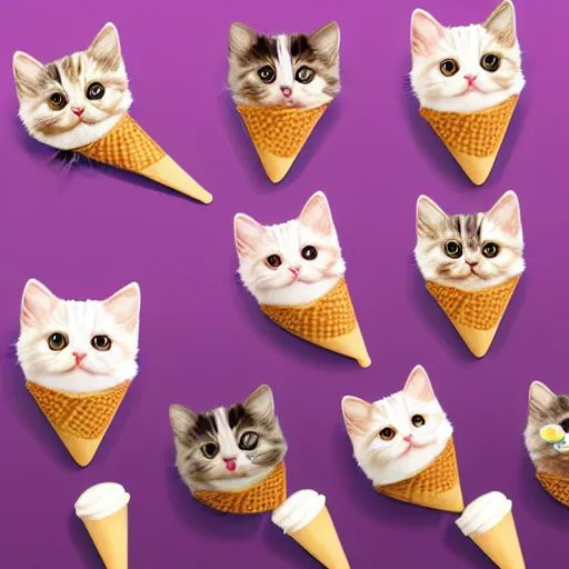 Prompt: cute kitten and puppy heads as ice cream scoops on cones, hyperrealistic, trending on artstation
