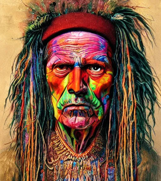 Image similar to Portrait painting in a style of Beksinski mixed with Alex Grey of an old shaman dressed in a colorful traditional clothes.