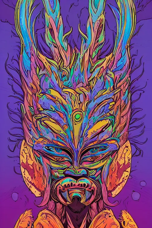 Image similar to animal mask totem roots flower tribal feather gemstone plant wood rock shaman vodoo video game vector cutout illustration vivid multicolor borderlands comics by josan gonzales and dan mumford radiating a glowing aura