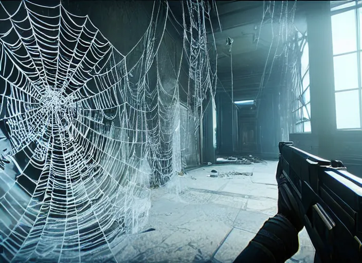 Image similar to large spider web infested hallway in destiny 2, liminal, dark, dystopian, abandoned, highly detailed 4 k 6 0 fps in - game destiny 2 gameplay screenshot leak