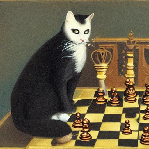 Image similar to cat playing chess looking wise, rococo oil painting