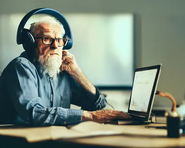 Prompt: old man hipster using desktop gaming computer, wearing headset, sitting at desk, cinematic, 4k, hyper realistic, super detailed, colorful accents, golden ratio, highly detailed professional photo, centered, rim lights, vray caustics