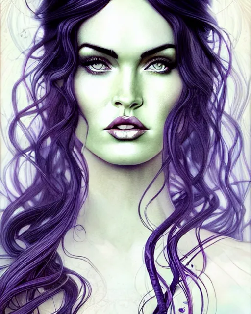 Prompt: new art nouveau portrait of fantasy goddess megan fox in the style of anna dittmann, patrick nagle, charlie bowater and loish. long windblown hair, very large, clear, expressive, and intelligent eyes. symmetrical, centered, ultrasharp focus, dramatic lighting, photorealistic digital matte painting, intricate ultra detailed background.