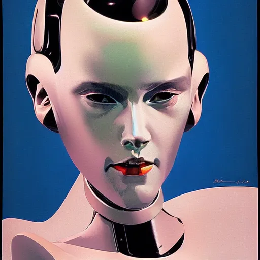 Image similar to female robot, facial portrait, by syd mead , airbrush, science fantasy