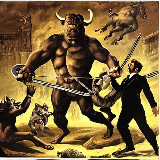 Image similar to men in black fighting a giant minotaur