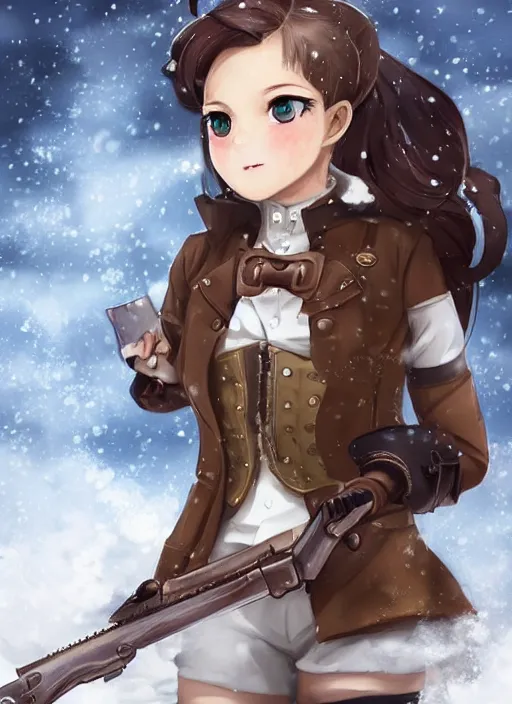 Prompt: girl with steampunk weapons and uniform, serious, intense, finely detailed, made by artgerm, full body portrait, illustration, snow, snowing, cloudy, anime, side view, perfect anime face, realistic face, zoomed out, smooth, brown eyes, high waisted shorts, sharp focus, key visual of your name