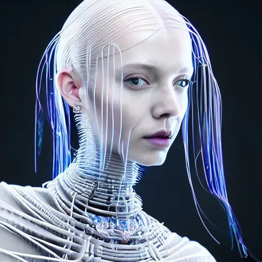 Prompt: portrait of an absurdly beautiful, graceful, sophisticated, fashionable cyberpunk mechanoid gravure idol, ultrafine hyperdetailed illustration by irakli nadar, matt wisniewski style, intricate linework, porcelain skin, neon jellyfish headdress, iridescent cuttlefish necklace, unreal engine 5 highly rendered, global illumination, radiant light, detailed and intricate environment