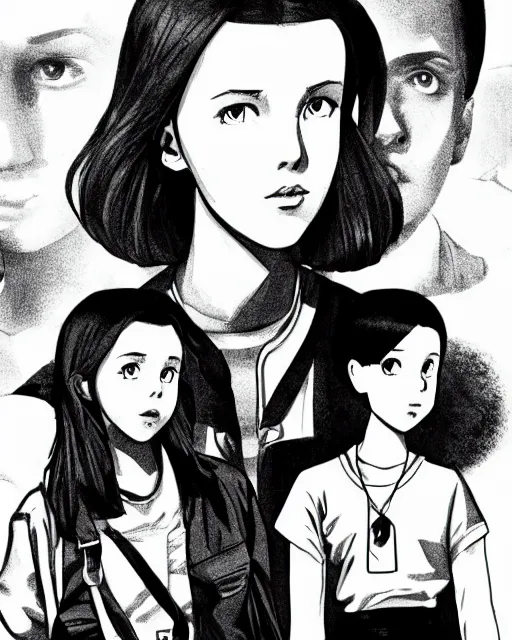 Prompt: Millie Bobby Brown in a black and white anime poster