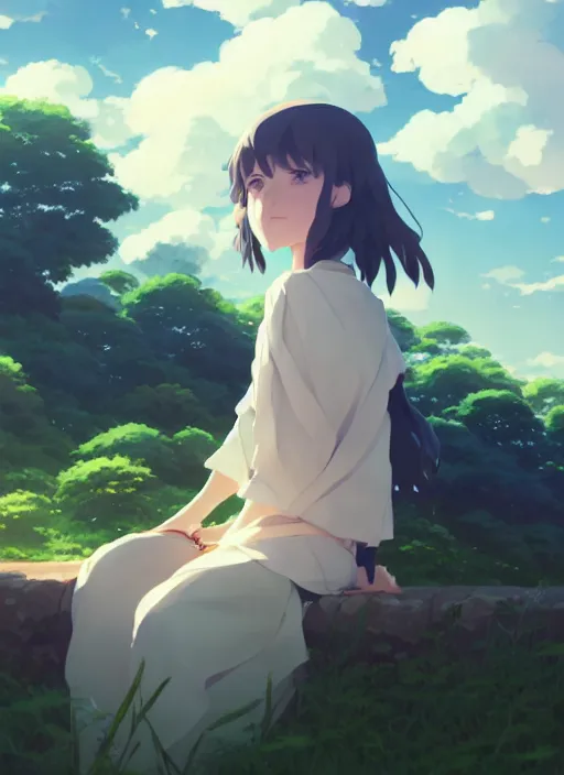 Image similar to portrait of emma stonel, cloudy sky background lush landscape illustration concept art anime key visual trending pixiv fanbox by wlop and greg rutkowski and makoto shinkai and studio ghibli