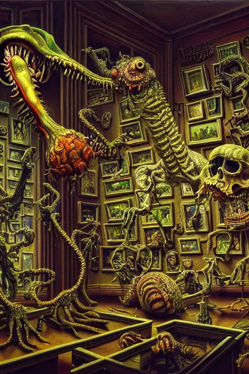 Prompt: a hyperrealistic detailed painting of an ornate museum of abominations, glass displays with mutated creature, scientific specimens, oddities, cinematic lighting, depth perspective, depth of field, cinematic angle, by chris cunningham and richard corben, highly detailed, vivid color,