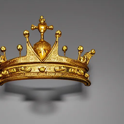 Prompt: photograph of a solid gold crown decorated with frog imagery