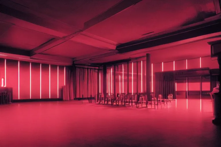 Image similar to a dark conference hall, half full, atmospheric and obscure, red neon light, by roger deakins, cinematography, syd mead