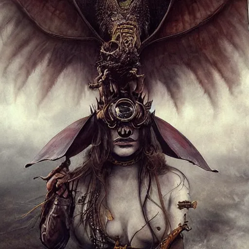 Image similar to a hyperrealistic portrait painting of a beautiful woman with demonic horns wearing steampunk goggles, flying on the back of a dragon into the apocalypse, by santiago caruso, highly detailed,