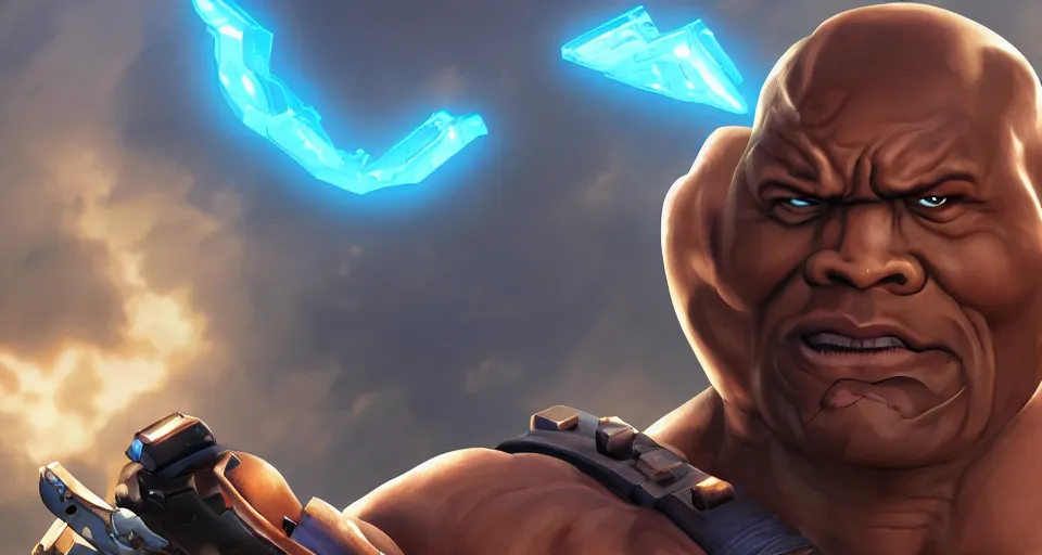 Image similar to one doomfist with dwayne johnson head, overwatch, 4 k, digital art, trending on artstation, high detailed