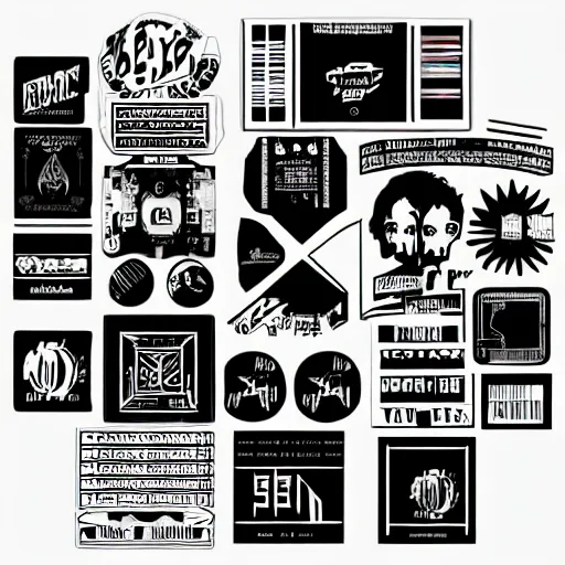 Prompt: black on white stickers graphic design in style of david rudnick, eric hu, guccimaze, acid, y 2 k, 4 k sharpening,