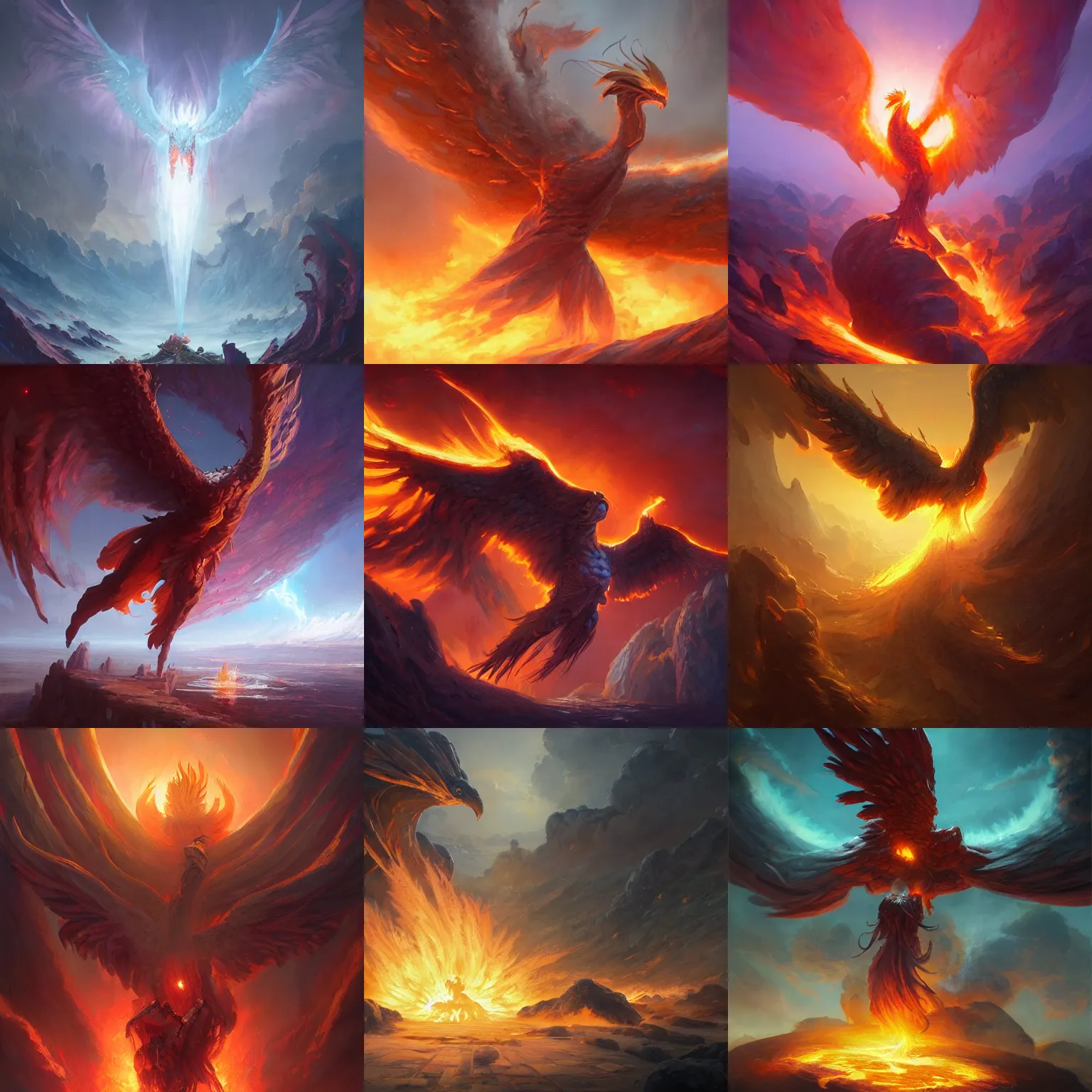 Prompt: epic scene of the birth of phoenix in fire, concept art by Noah Bradley, Darek Zabrocki, Tyler edlin, Jordan Grimmer, Neil Blevins, James Paick, Natasha Tan, highly detailed, ultra detailed, ultra realistic, trending on artstation, masterpiece