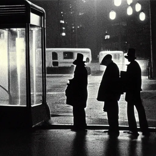 Image similar to some people waiting at bus stop in dark city night, detailed, high quality photography,a scene by Stanley kubrick, sci-fi, reimagined by industrial light and magic