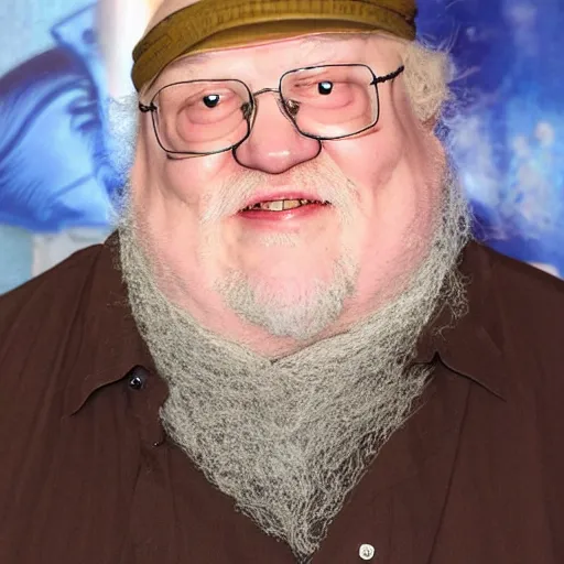 Prompt: george rr martin in a cartoon with screaming chucky doll