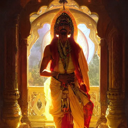 Image similar to portrait of Indian male priest, fantasy, powerful, elegant, intricate, beautiful lighting, perfect composition, by greg rutkowski, thomas kindkade, alphonse mucha