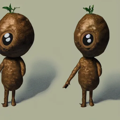 Image similar to the potato king appears before his subjects in all his glory, concept art, blender, googly eyes.