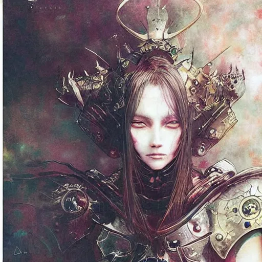 Image similar to “ a simple concept art portrait of a destiny witch with full armor set, an award winning yoshitaka amano digital art, by adrian ghenie and gerhard richter. art by takato yamamoto. masterpiece, deep colours. ”