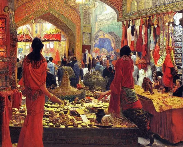 Image similar to an oil painting in the style of orientalism of dragons on display in a dragon auction in the grand bazaar of isfahan by edwin lord weeks