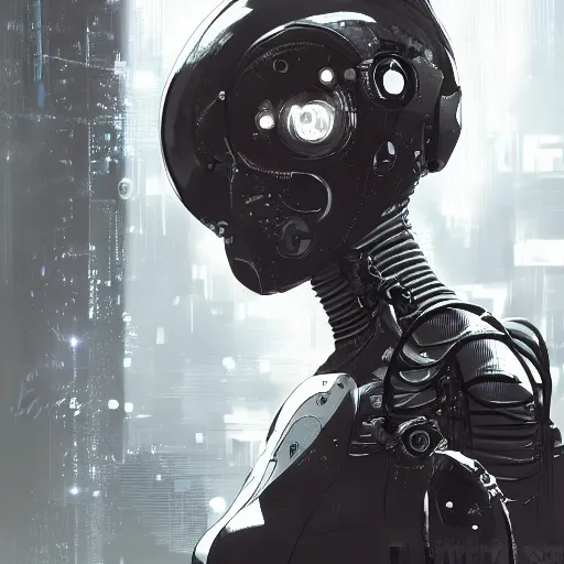 Prompt: highly detailed portrait of a post-cyberpunk robotic young lady with space helmet and wired cybernetic face modifications, robotic limbs, by Akihiko Yoshida, Greg Tocchini, Greg Rutkowski, Cliff Chiang, 4k resolution, persona 5 inspired, dull misty brown black and white color scheme with sparking stray wiring