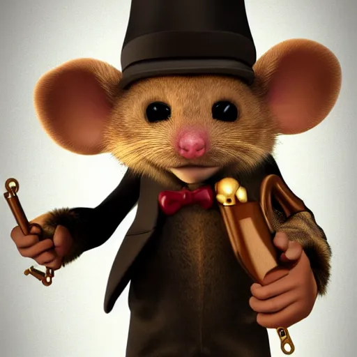 Image similar to 3d anthropomorphic rat, disney pixar, holding tommy gun, velvet, fur coat, high quality, golden necklace, fendi, high fashion