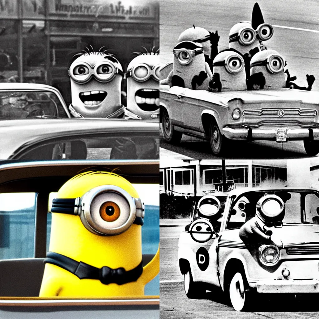 Prompt: Minions driving the car during the JFK assassination