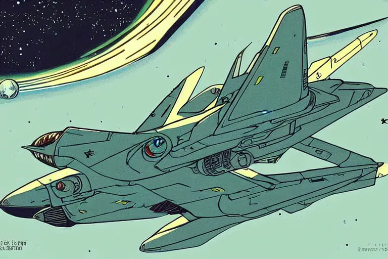 Image similar to a scifi illustration of a fururistic fighter jet. flat colors, limited palette in FANTASTIC PLANET La planète sauvage animation by René Laloux