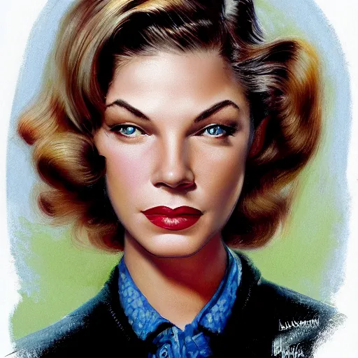 Image similar to young beautiful lauren bacall color studio publicity photo , tight face shot portrait, highly detailed, digital painting, artstation, concept art, sharp focus, illustration, art , by norman rockwell