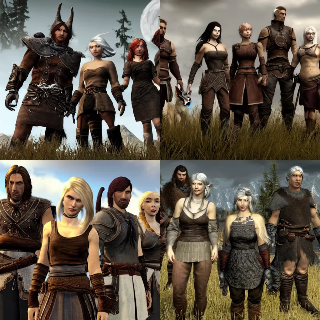 Prompt: a man with gray hair, a woman with dark red hair, a young woman with blonde hair, a young woman with brown hair, a young man with blonde hair, a young man with brown hair, and a cat with long hair, as characters in skyrim