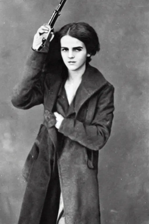 Prompt: photograph of soviet chekist comrade emma watson, standing in a long leather coat with mauser pistol, vintage revolution photograph, famous photo