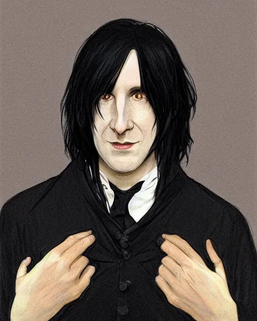 Image similar to portrait of a 3 2 - year - old man wearing black clothes, snape severus, with black, greasy, mid - length hair, hooked nose, dark brown eyes, yellow uneven teeth, highly detailed, digital painting, artstation, concept art, smooth, sharp focus, illustration, art by artgerm and greg rutkowski and alphonse mucha