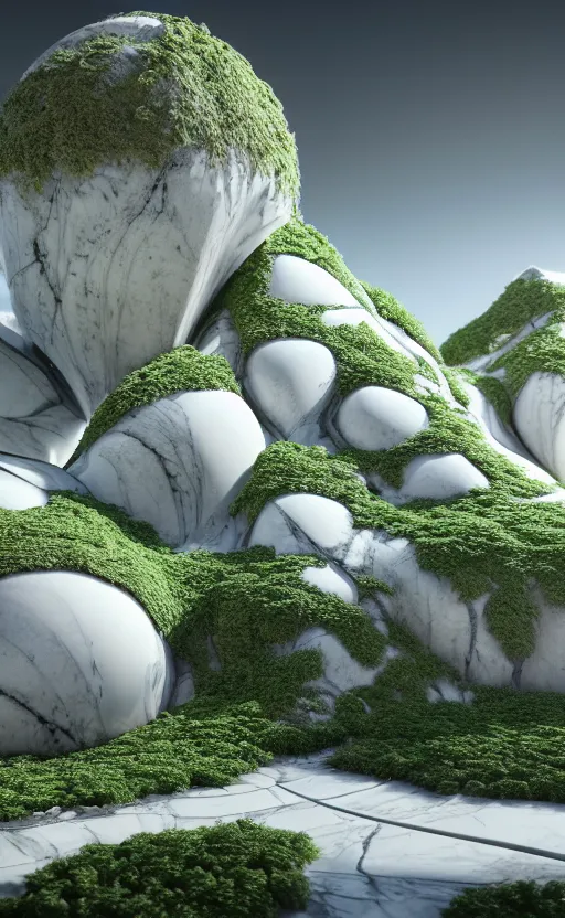 Image similar to highly detailed ultra sharp 3 d render cinematic composition of a smooth ceramic porcelain magnolia stone white fluid fractal sci - fi surreal architecture landscape, marble gold details, magnesium, foliage, archviz, vincent callebaut composition, mamou - mani, beautiful lighting, 8 k, unreal engine, hdr, dof