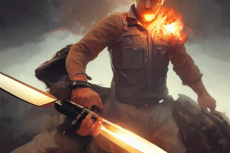 Image similar to a man fights an explosion with a knife, portrait, highly detailed, digital painting, artstation, concept art, smooth, sharp focus, illustration, cinematic lighting, art by artgerm and greg rutkowski and alphonse mucha