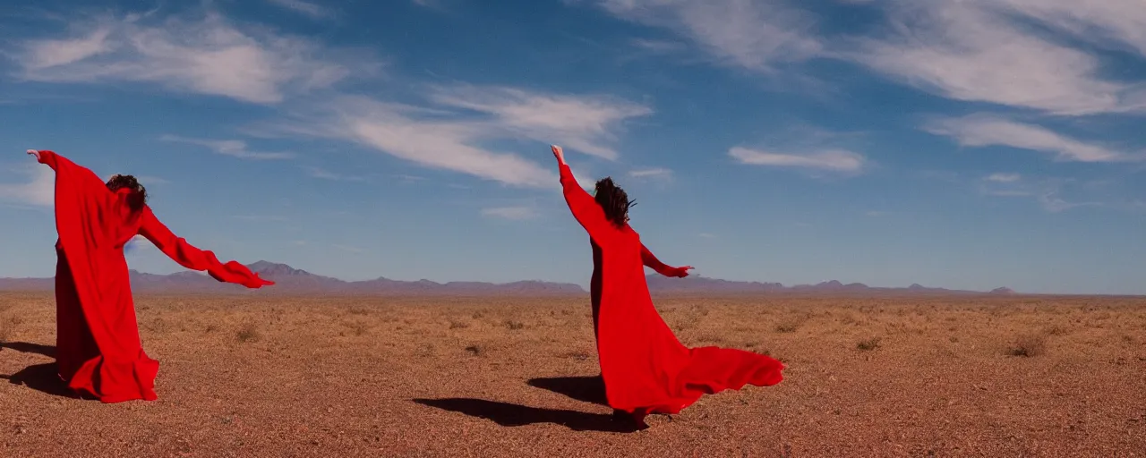 Prompt: A woman dancing in an endless red cape that ribbons across the sky into the distance, floating in the sky above a desert, film still, anamorphic