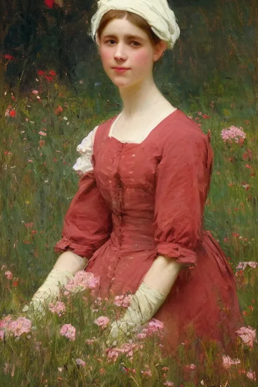 Image similar to Solomon Joseph Solomon and Richard Schmid and Jeremy Lipking victorian genre painting portrait painting of an elegant slim young cottagecore girl in an open field of flowers, red background