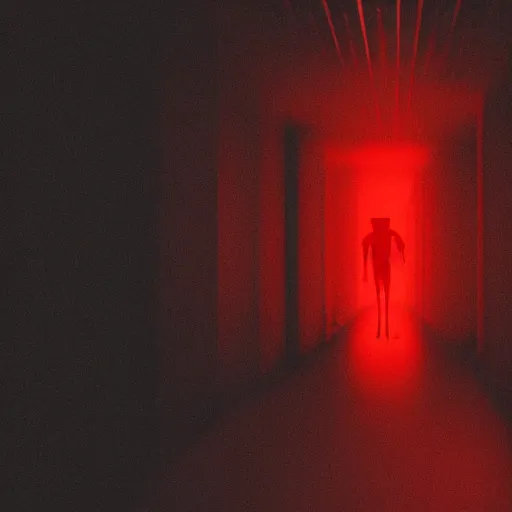 Image similar to photograph of an extremely dark narrow hallway with glowing humanoid monster made out of tv static, dark deep black shadows, red and black color contrast in the style of trevor henderson, liminal space, 3 d octane render, glitch effect