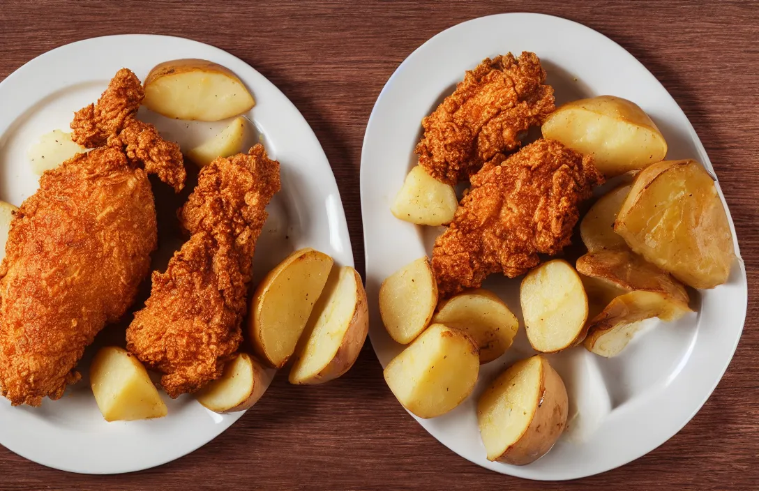 Prompt: KFC chicken on a plate, side of potatoes, food photography, award winning, Michelin restaurant